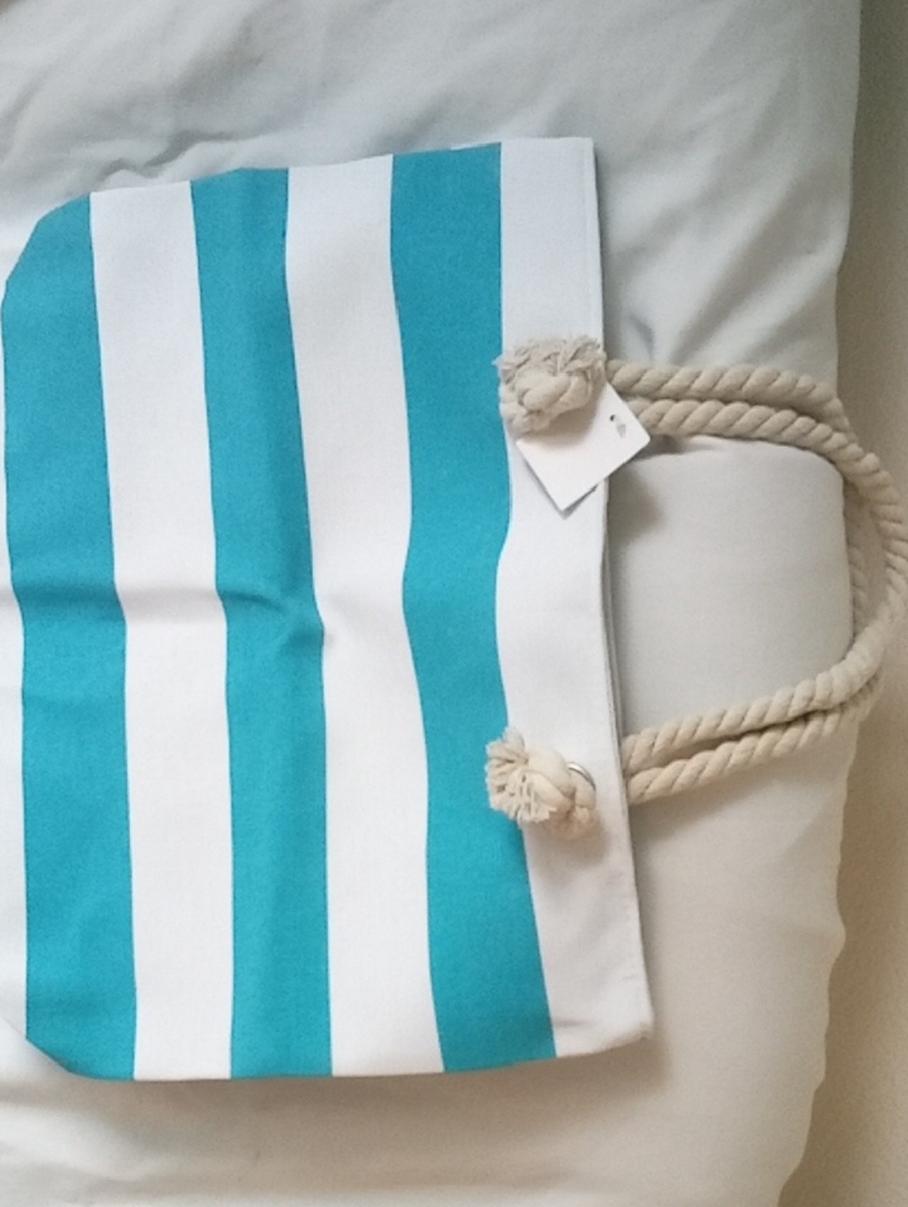 NWT Striped Turquoise and White Rope-Handle Tote